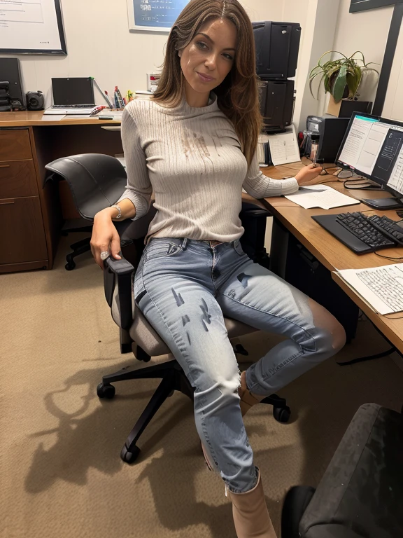 woman, sitting in an office chair, skinny jeans, stiletto heel ankle boots, cum on cloth