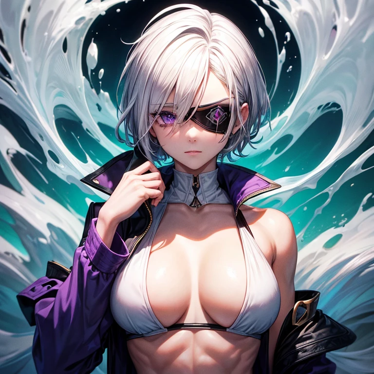 Woman who stands out for her short white hair that flows in cascades, giving her a distinctive and unique appearance. His gaze is framed by an eyepatch that covers his right eye, his hair covers the eyepatch to conceal it, adding an intriguing mystery to his presence. This detail is combined with purple eyes that highlight its uniqueness, creating an enigmatic and attractive image. His figure is athletic and strong