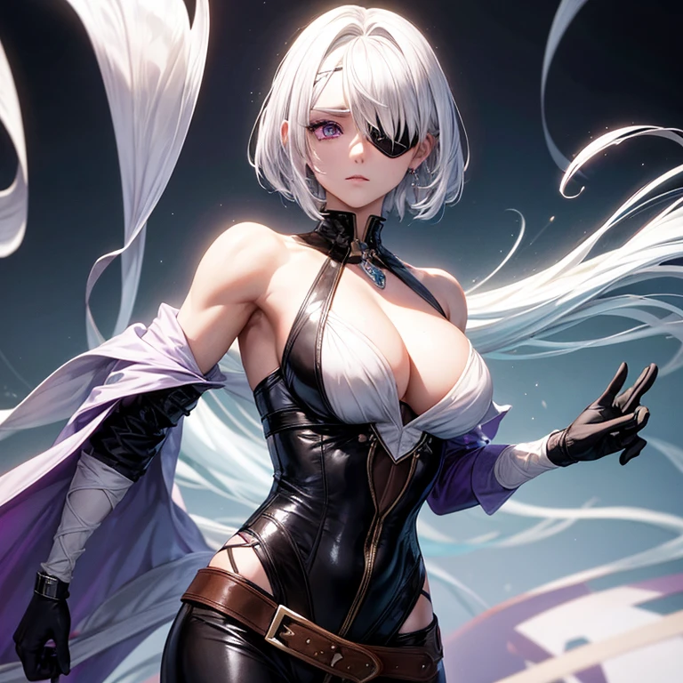 Woman who stands out for her short white hair that flows in cascades, giving her a distinctive and unique appearance. His gaze is framed by an eyepatch that covers his right eye, his hair covers the eyepatch to conceal it, adding an intriguing mystery to his presence. This detail is combined with purple eyes that highlight its uniqueness, creating an enigmatic and attractive image. His figure is athletic and strong