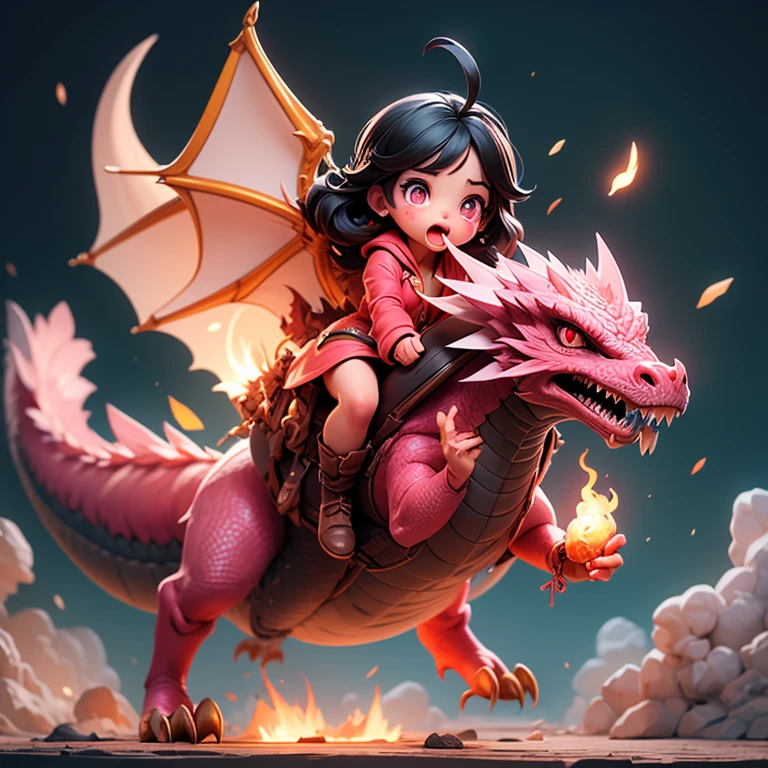 Black hair, pink eyes, girl, flying in the sky astride a dragon, spitting fire from her mouth, cute