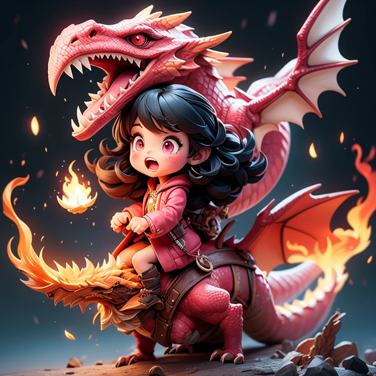 Black hair, pink eyes, girl, flying in the sky astride a dragon, spitting fire from her mouth, cute