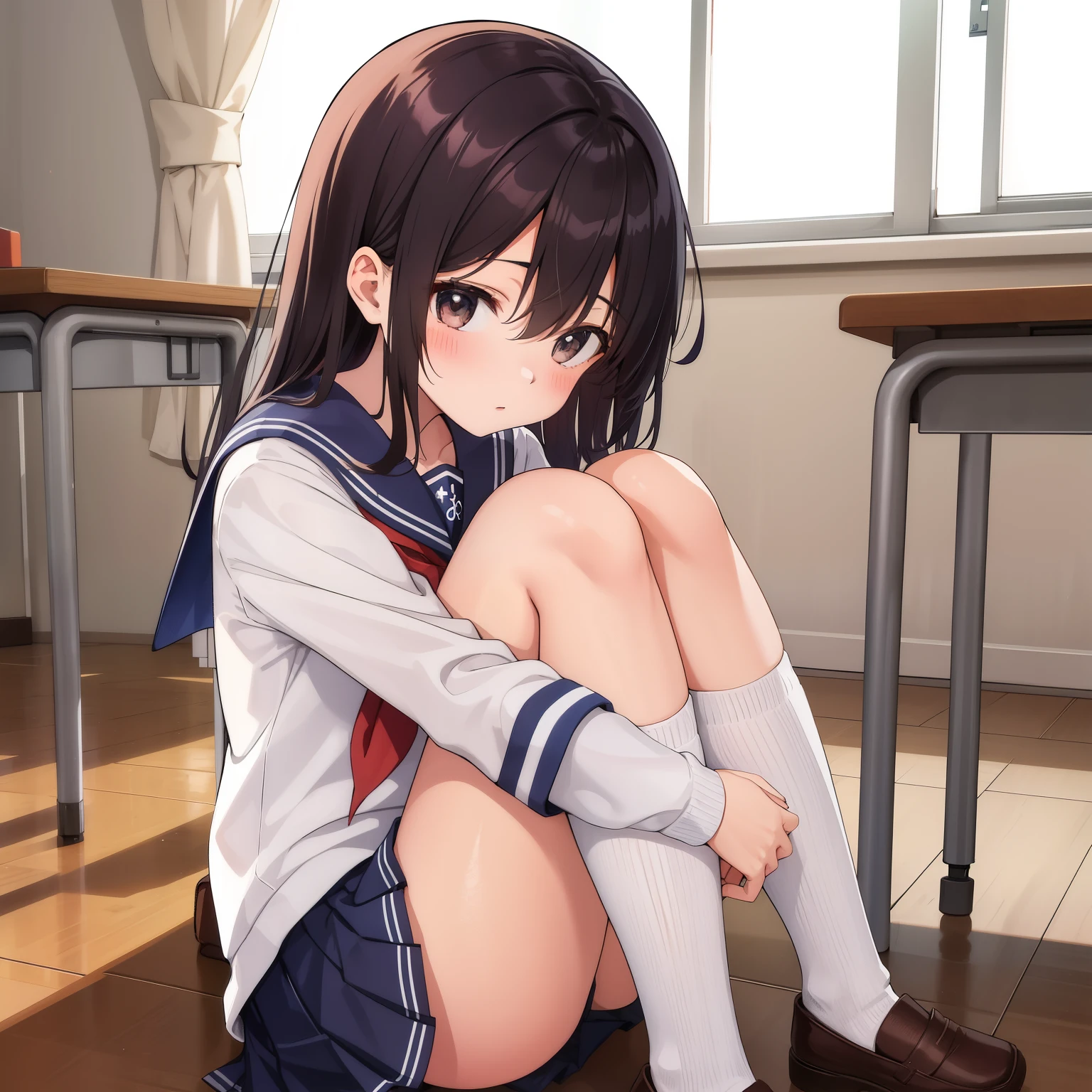 An unwell high school girl wearing a sailor suit sits in the school gymnasium.、Observing a class while hugging one's knees.