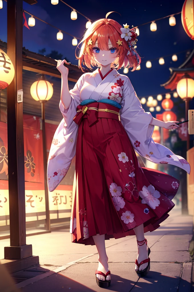 Satsuki Nakano, Itsuki Nakano, bangs, blue eyes, hair between eyes, Ahoge, redhead, star \(symbol\), hair ornaments, star hair ornaments,tying back hair,Red floral pattern yukata,long skirt,smile,Zori sandals,A girl in a yukata enjoying a festival，japanese festival，Summer Festival Stalls、break the red lantern (masterpiece:1.2), highest quality, High resolution, unity 8k wallpaper, (figure:0.8), (beautiful and fine eyes:1.6), highly detailed face, perfect lighting, Very detailed CG, (perfect hands, perfect ???????),