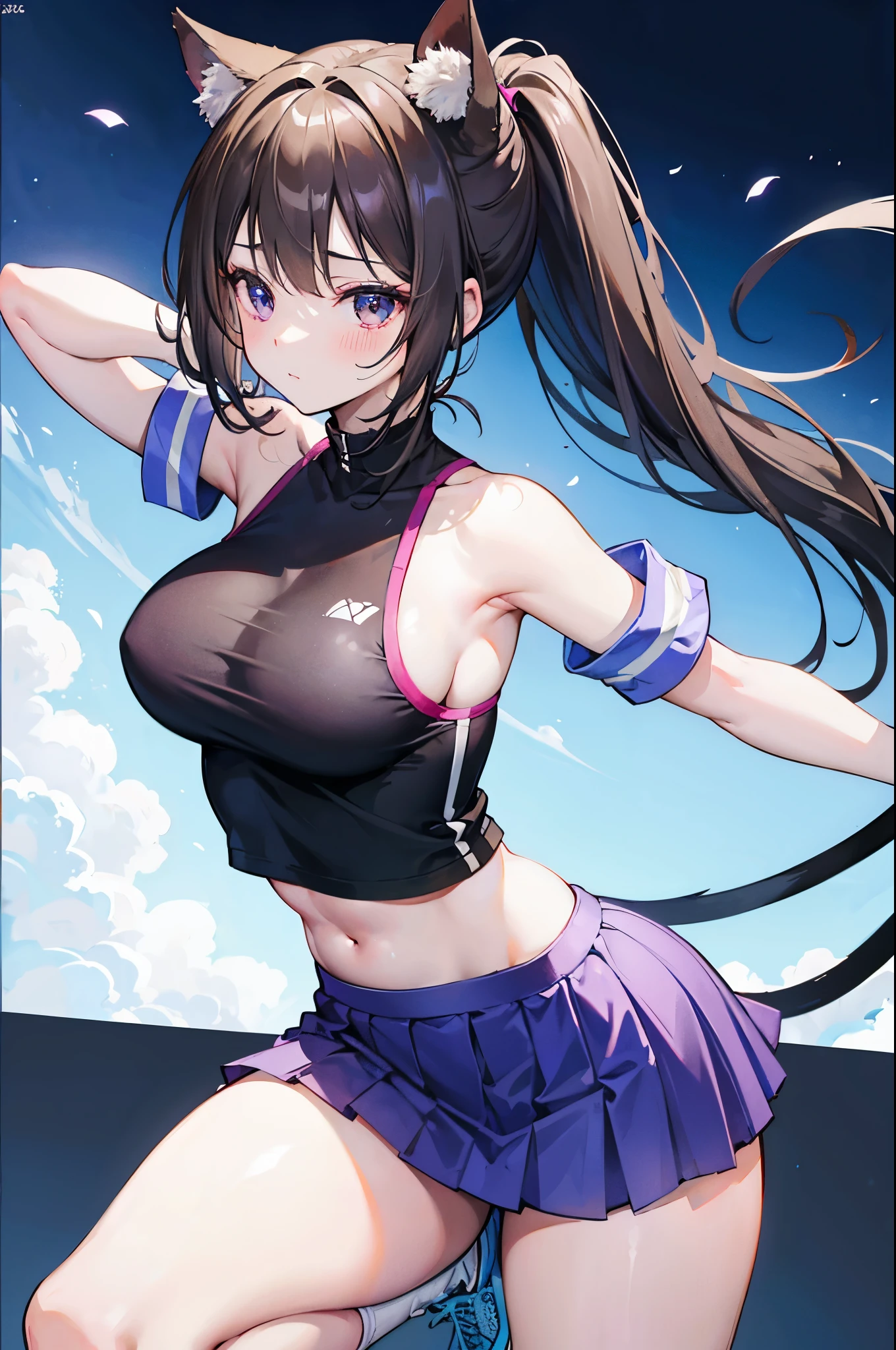 realistic image, coherent image, detailed image, 1 girl, has light grayish brown hair tied in a thin low ponytail that extends to the end of her back and tied with a large bow, Violet eyes, has cat ears and a tail, Her face is oval and delicate, blushing, she is wearing a sports top, pleated mini skirt, sneakers, medium breasts, curvy body, thick thighs, her back is arched, posing shyly, view of her thighs, black background, uniform background,