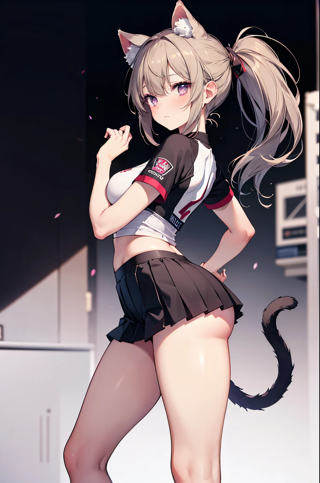 realistic image, coherent image, detailed image, 1 girl, has light grayish brown hair tied in a thin low ponytail that extends to the end of her back and tied with a large bow, Violet eyes, has cat ears and a tail, Her face is oval and delicate, blushing, she is wearing a sports top, pleated mini skirt, sneakers, medium breasts, curvy body, thick thighs, her back is arched, posing shyly, view of her thighs, black background, uniform background,