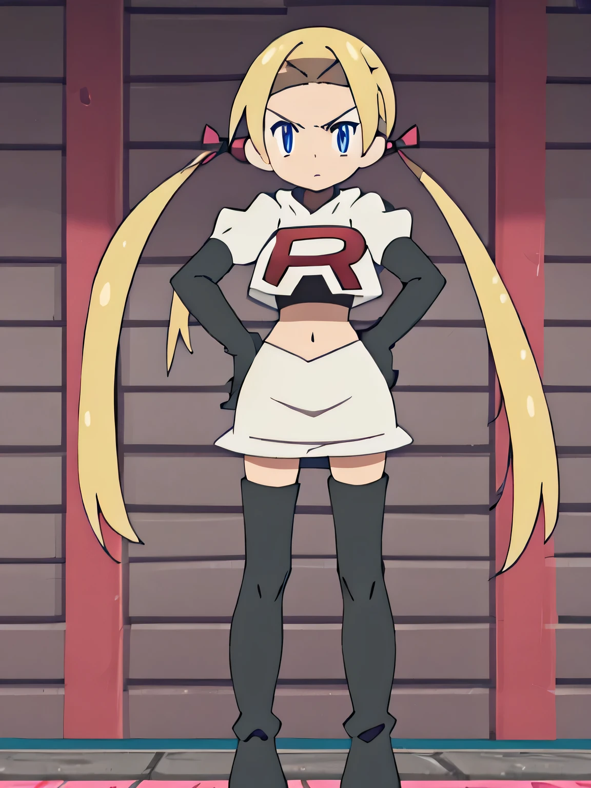 team rocket uniform, red letter r, white skirt,white crop top,black thigh-high boots, black elbow gloves, glaring angrily, looking at viewer, hands on hips, full body seen
