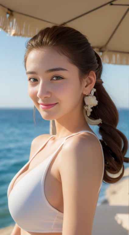 ((top-quality、8K、masterpiece:1.3))、1girl in、Slim beautiful woman:1.3、(Casual Hairstyles、huge tit:1.2)、Casual clothing:1.2、By the sea、Super Detail Face、Delicat eyes、二重まぶた、kindly smile