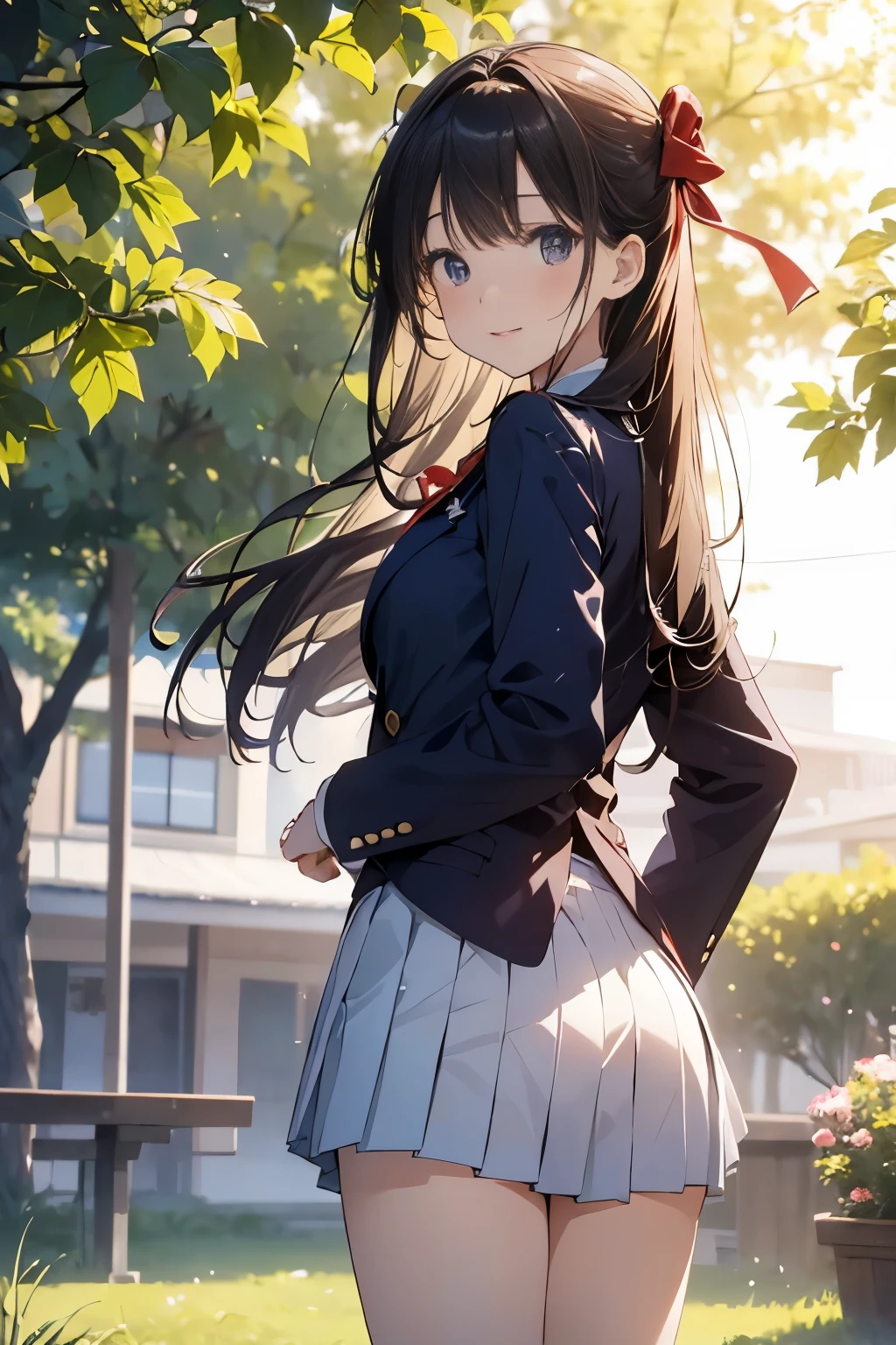 (((masterpiece)))，full body photo，(one beautiful japanese girl, innocence，cute，posterior view，look back) ，ultra high resolution, realistic, Super detailed, 8K,highest quality, very detailed, blurred background,slender body shape，small breasts，(detailed face:1.3), (Beautiful long hair fluttering in the strong wind), (baby face，cute系,Full of energy女の子), (perfect body:1.1),  ((Pink Blazer，white shirt，Red Neck Ribbon，Gray pleated kirt fluttering in the wind))，Full of energy，best smile，Pose with movement，rosy cheeks，超detailed face、detailed lips、small gravure idol，Japanese high school uniform with school emblem on the chest，transparent skin、lolita，realistic:1.37，no makeup，happy atmosphere，pastel color palette，in a sunny day，large park，happy holidays，date，happy，I feel excited
