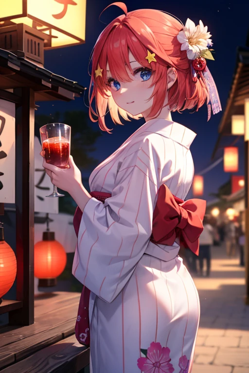 Satsuki Nakano, Itsuki Nakano, bangs, blue eyes, hair between eyes, Ahoge, redhead, star \(symbol\), hair ornaments, star hair ornaments,tying back hair,Red floral pattern yukata,long skirt,smile,Zori sandals,A girl in a yukata enjoying a festival,japanese festival,Summer Festival Stalls、break the red lantern (masterpiece:1.2), highest quality, High resolution, unity 8k wallpaper, (figure:0.8), (beautiful and fine eyes:1.6), highly detailed face, perfect lighting, Very detailed CG, (perfect hands, perfect anatomy),