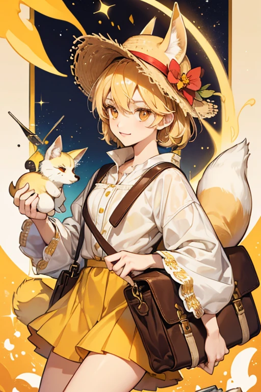 Camembert Cookie is a Cookie with a light SKIN color and light orange eyes with paw-like digits on the Cookie's hands and feet. The Cookie's appearance is based on a Fennec fox, having cheese-like ears within light ivory colored hair with small black and yellow beads intertwined with Camembert Cookie's locks, with a similarly colored tail on the Cookie being present. The Cookie wears a cheese-textured straw hat, wears beige colored explorer garb, and carries a cheese-like messenger bag. Camembert Cookie wields a large cheese slicer as a weapon. GLITTER