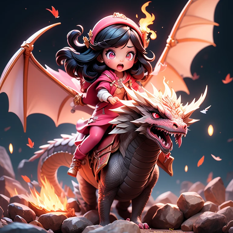 Black hair, pink eyes, girl, flying in the sky astride a dragon, spitting fire from her mouth, cute