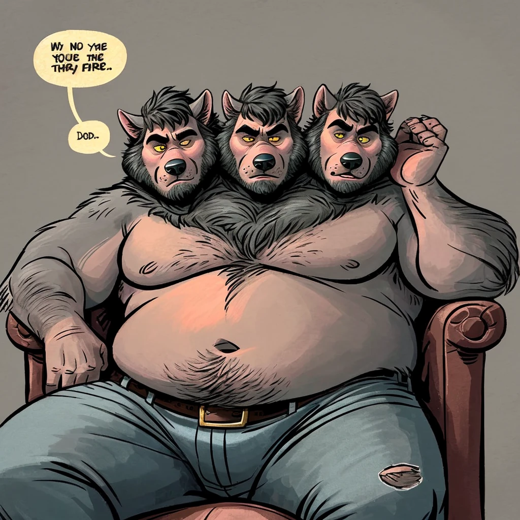 (solo), (three headed wolf), adult male, ((masculine, detailed eyes)), by dramamine:1.3, by Disney, obese, gray background, shirtless, navel, jeans, belt, speech bubbles:1.5, correct hands, ultradetailed, natural pose, ((bored, frowning)), beard, sitting in recliner, yellow eyes