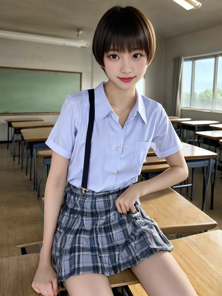 top-quality,masterpiece,Raw photography,8K,Top image quality,hight resolution, 18 years old Japanese female idol ,Beautuful Women,cute Japanese girls, Pretty Woman ,Beautiful face in every detail,  ,small head, seductive smile ,Realistic human skin, pale skin ,cut model , Short hair ,bowl cut ,skinny body , school uniform , leaning forward ,put left hand on, contrapposto, school uniform, look at viewer, face focus  , classroom