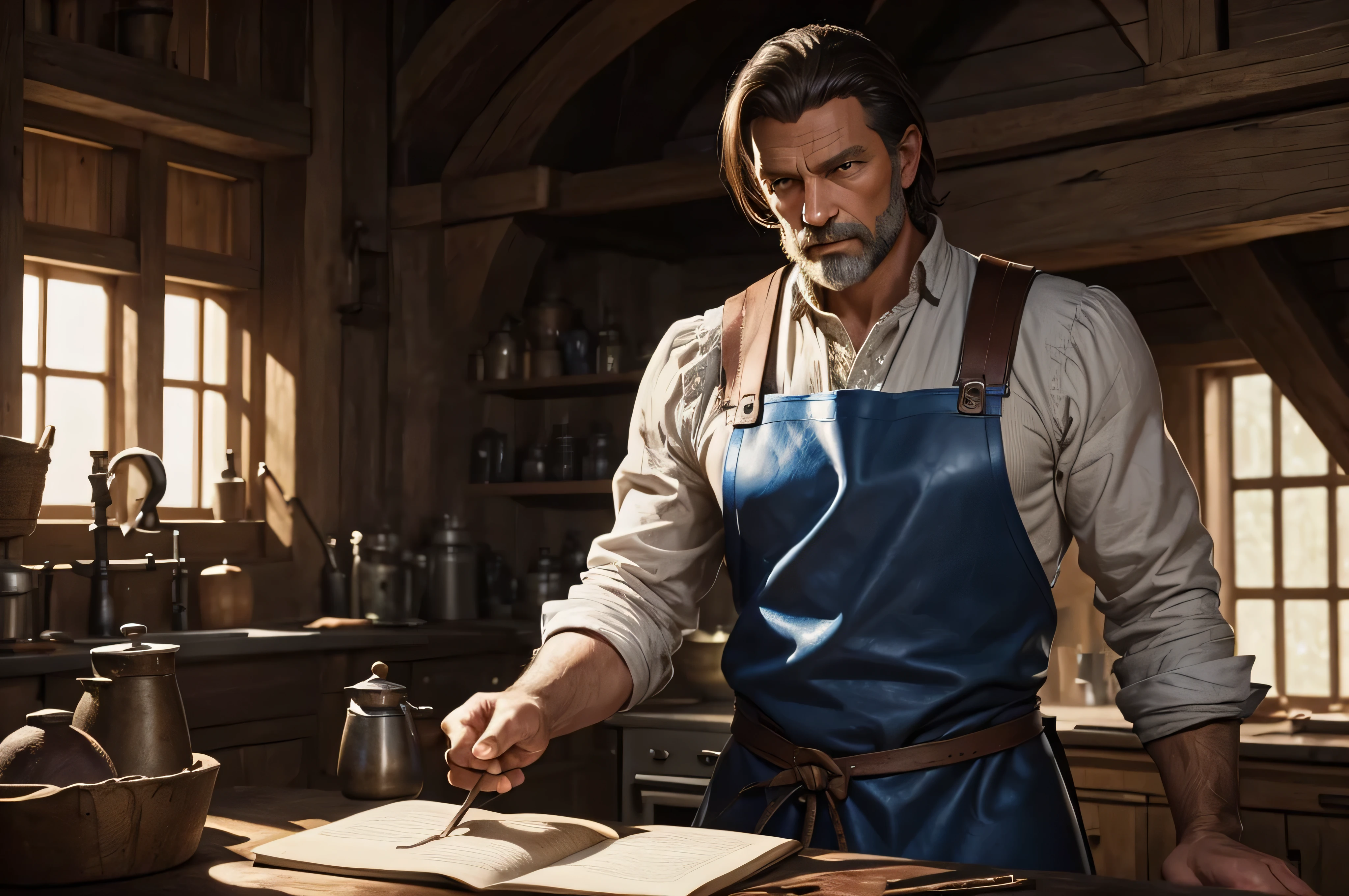 Ulrich is a robust man, with strong hands and skillful fingers. His blue eyes express a mixture of determination and knowledge.. Ele geralmente usa roupas de couro resistentes e carrega um avental manchado com tintas naturais.. (arte digital, arte de fantasia, Arte RPG)