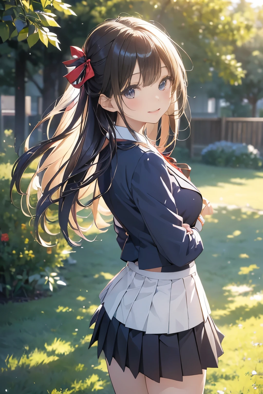 (((masterpiece)))，full body photo，(one beautiful japanese girl, innocence，cute，posterior view，look back) ，ultra high resolution, realistic, Super detailed, 8K,highest quality, very detailed, blurred background,slender body shape，small breasts，(detailed face:1.3), (Beautiful long hair fluttering in the strong wind), (baby face，cute系,Full of energy女の子), (perfect body:1.1),  ((Pink Blazer，white shirt，Red Neck Ribbon，Gray pleated kirt fluttering in the wind))，Full of energy，best smile，Pose with movement，rosy cheeks，超detailed face、detailed lips、small gravure idol，Japanese high school uniform with school emblem on the chest，transparent skin、lolita，realistic:1.37，no makeup，happy atmosphere，pastel color palette，in a sunny day，large park，happy holidays，date，happy，I feel excited
