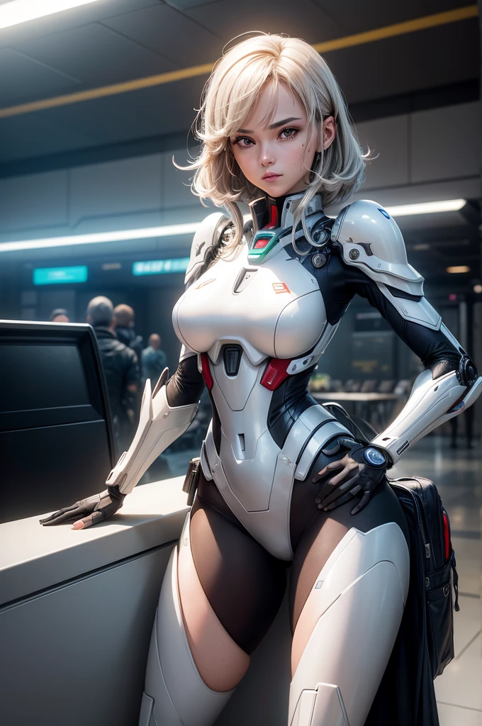 (highest quality, High resolution, muste piece:1.2), super detailed, realistic:1.37, (perfect anatomy),1 girl, cowboy shot,Cute and beautiful 24 year old Italian female robot,smile,Are standing,beautiful eyes,beautiful skin, detailed facial features, complicated hair, (Details Tight milky white synthetic resin body and futuristic design boots:1.2), small face,big breasts,metal necklace,futuristic hair ornament, natural makeup,super short red hair,cyber lab