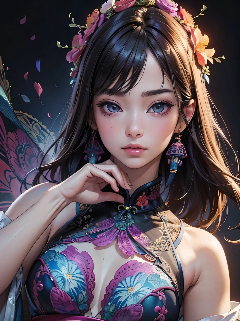 ((masterpiece、highest quality、genuine、Super detailed、High resolution、photogenuineistic、sharp focus、genuineistic photo、Live shooting、cinematic lighting))、Portrait of an amazingly beautiful woman、3/5 shots、official art、beautiful aesthetic sense、緻密で対称的なgenuineな顔、High resolutionの自然な質感、intricate details、multicolor、Highly colored、超genuineなテクスチャー、dramatic lighting、look at the audience、((Abstract fractal art background、zentangle、colorful、Floral))、(dynamic pose)、flower cheongsam dress、accurate hand depiction、shiny skin