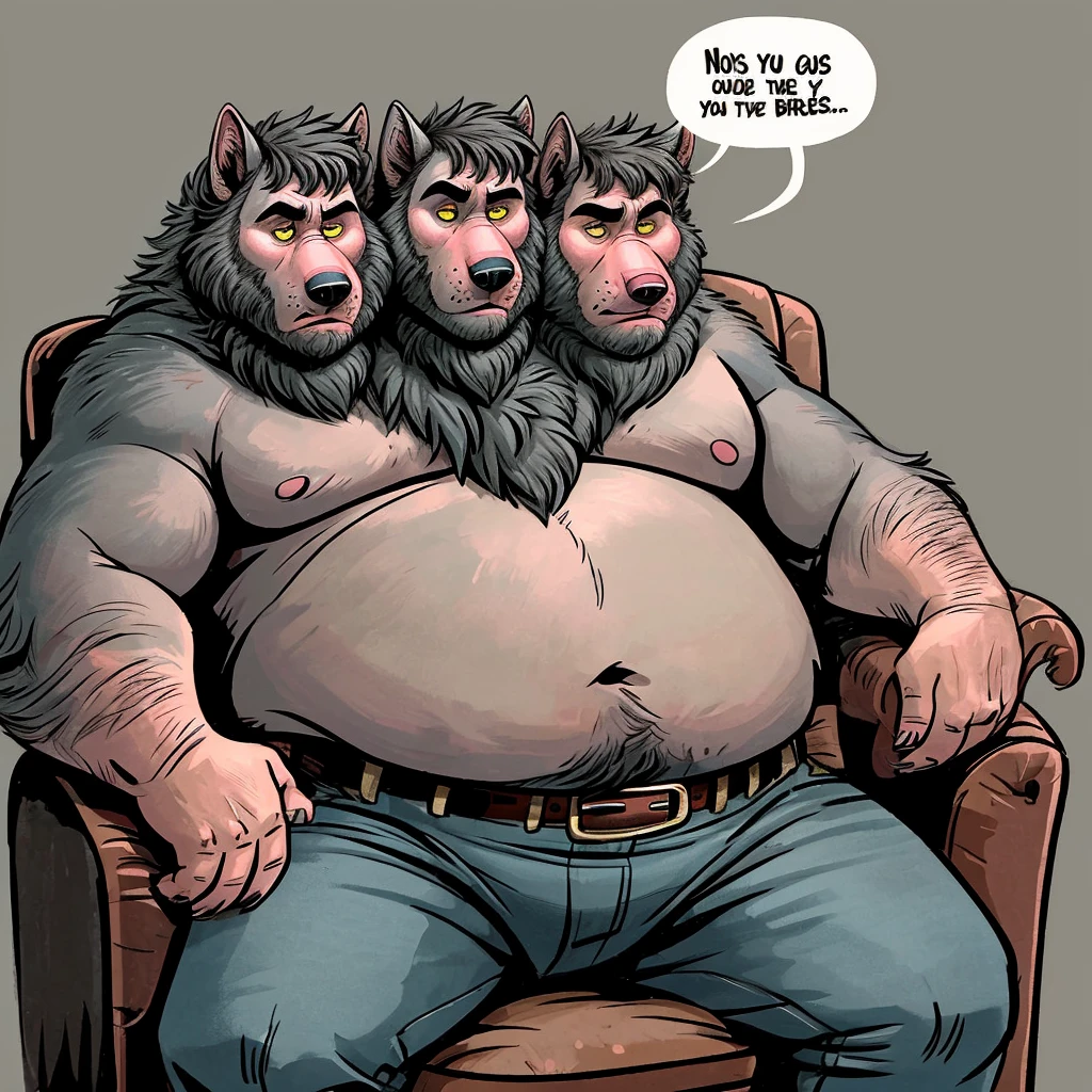 (solo), (three headed wolf), adult male, ((masculine, detailed eyes)), by dramamine:1.3, by Disney, obese, gray background, shirtless, navel, jeans, belt, speech bubbles:1.5, correct hands, ultradetailed, natural pose, ((bored, frowning)), beard, sitting in recliner, yellow eyes