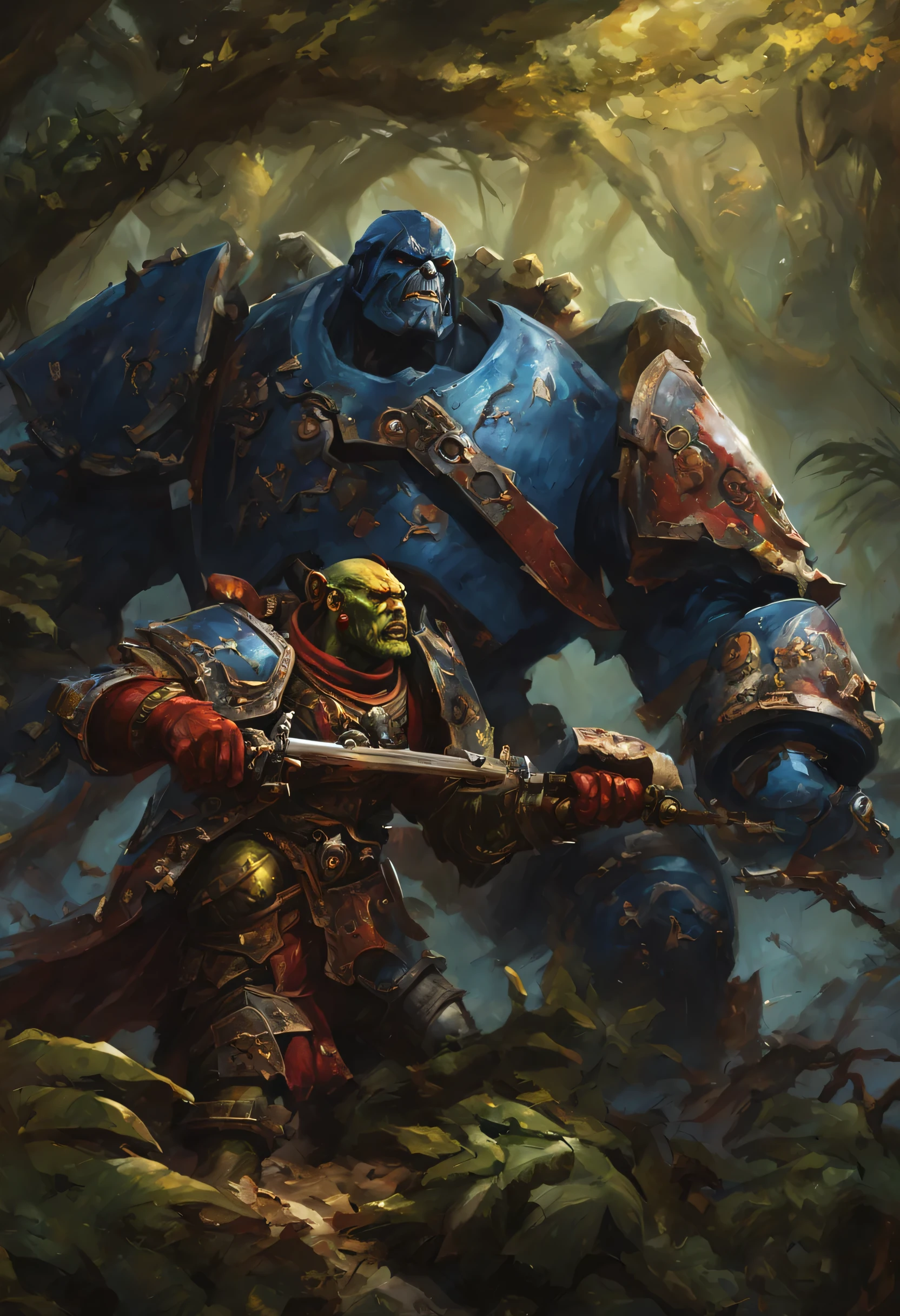 (battered,battle-hardened) Space Marine wielding a (powerful,sharp) chainsword, locked in an intense duel with a (formidable,fierce) Orc Warboss, who wields a (massive,brutal) greataxe on a (lush,overgrown) jungle battlefield. The Space Marine's (bulky,imposing) power armor shows signs of wear and tear, with (scratches,scuffs) and (battle scars,dents) indicating past battles. The Orc Warboss is characterized by his (enormous,ripped) muscular physique and (ferocious,barbaric) appearance, adorned with (tattoos,ritualistic markings), symbolic of his dominance. The jungle around them is filled with (dense,foliage), towering trees, and colorful (exotic,flora) that add depth and richness to the scene. The (piercing,intense) gaze from the Space Marine's (steel-blue,unyielding) eyes and the (menacing,glowing) red eyes of the Orc Warboss showcase their determination and lethal intent. The atmosphere is charged with suspense, as rays of sunlight pierce through the leaves, casting dramatic shadows on the combatants. The lighting highlights the (contrasting,clashing) colors of the scene, emphasizing the (gritty,dark) tone of the battle. The overall image quality is of (best quality,4k,8k,highres,masterpiece:1.2), with ultra-detailed depiction of the characters, landscape, and the intricate details of their respective weaponry. The prompt is designed to evoke a sense of epicness and intense action within the Warhammer 40k universe, showcasing the clash between two formidable warriors.