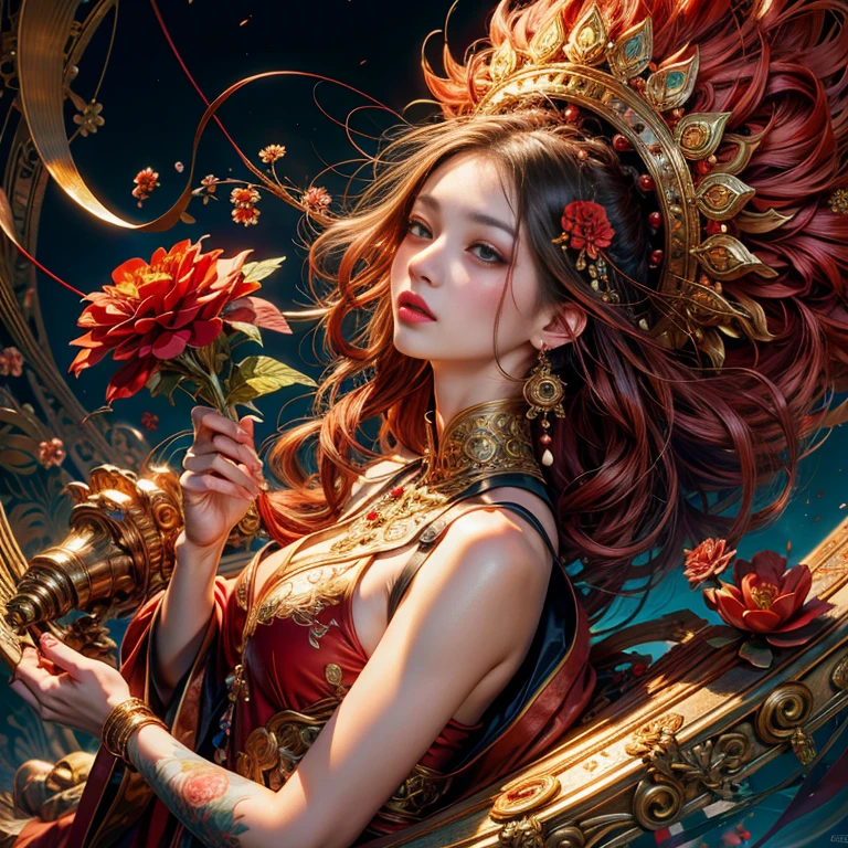 (Top Quality, 8k Unified Wallpaper), Masterpiece of Zendispute, Mandala Dispute, Endispute Series, Super Detailed and Beautiful,
A captivating work of art by a collective of renowned artists: James Jean, Robbie Devi Antonio, Ross Tran, French Bacon, Michal Maraz, Adrian Genius, Petra Cortright, Gerhard Richter, and Takato Yamamoto.
Featured is a solitary girl, adorned in a red flower, encircled by the chaotic yet elegant beauty of fractal art (1.3). Her intricately detailed features and expressive eyes convey an ethereal