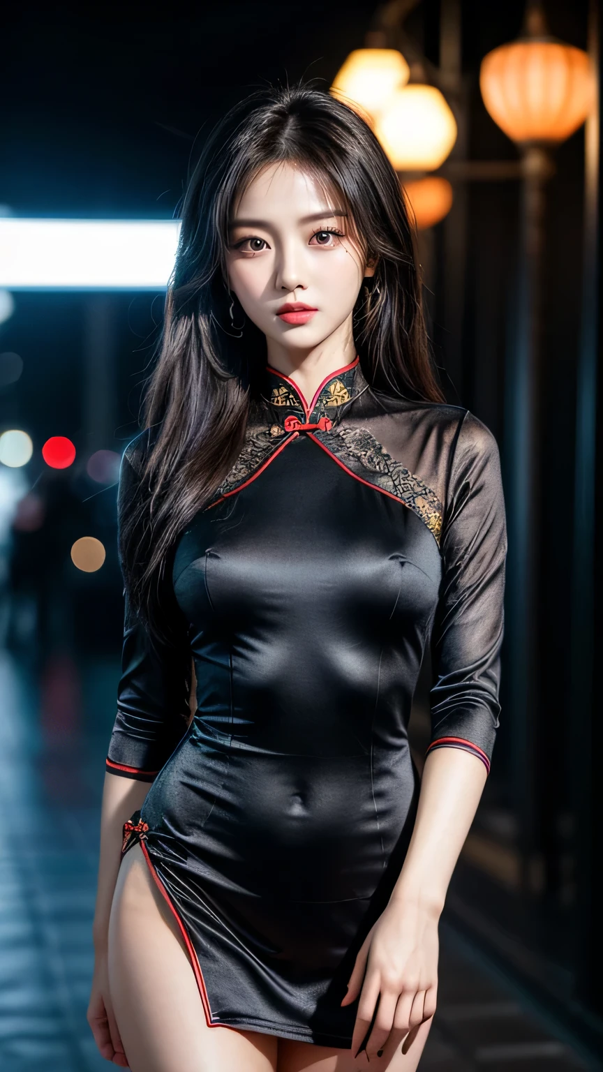 ((best quality, 8k, masterpiece: 1.3)), focus: 1.2, Wearing a emerald red cheongsam,8k ultra high definition,masterpiece级别的作品,RAW format photos,best picture quality,extreme details(1.2):Realistically reproduced,Extremely detailed CG unified in 8k resolution,8k diamond-level delicacy and wallpaper-like visual impact,Has deep depth of field、Layered light and shadow effects、Lens flash、Ray tracing technology(Amazingly beautiful face、beautiful lips、beautiful eyes),Facial details are extremely delicate(Skin texture is extremely delicate)——Depicting Korean female models,in the dark night,in deep shadow,Charming Korean girl,Just like a K-pop idol(Extremely slim and tight figure:1.3),Shown from the audience’s perspective,Red tight cheongsam:1.3,Short clothing tailoring design,city night view,neon lights,Beautiful Korean girl in dark night atmosphere,Wear pearl stud earrings、lace pantyhose,eyes clear and bright,Walking posture,Has fair skin,Look directly at the front of the camera,Big eyes full of charm(Upper body close-up),Wearing a close-fitting silk cheongsam,and in a moment,Back close-up,The overall image is extremely slim、Slim and elegant,Exquisite facial features,She looks a lot like actor Kim Hee Sun