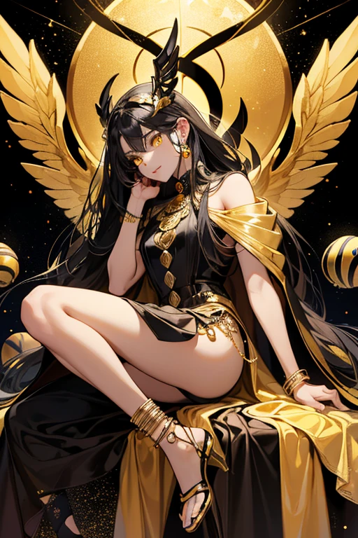 realistic, 1girl, black hair, yellow eyes, long split thigh formal white dress, white heels, horns, blush, background grand throne room