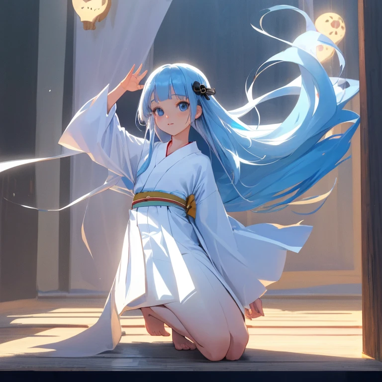 {{{{amazing quality, great quality, high quality, very aesthetic, aesthetic, best quality}}}},
realistic, photo, shadow, Three-dimensional, absurdres, Digital art,
{{{{Magical girl}}}}, beautiful girl, one girl,
light blue hair, long straight hair, hair, trimmed hair, shiny hair, blunt bangs, short sideburns,
blue eyes, big eyes, round eyes, tareme,
{{flat chest}}, {{small breasts}}, {{detailed body}}, slim thighs, thin thighs,
{{white mini yukata}}, {{yellow kimono obi}}, {{skull-shaped hair ornament}}, barefoot, Geta for women,
No panties, no bra, A big smile,