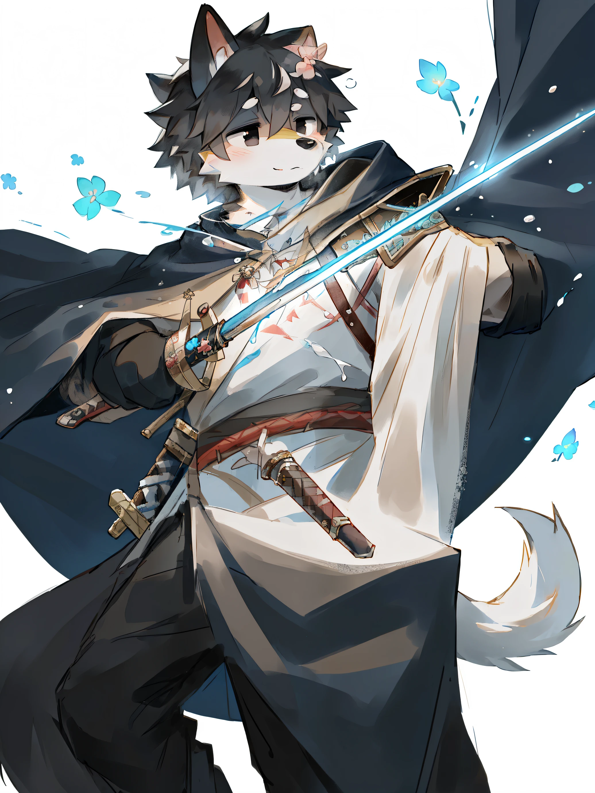 sword and bow，splash，Furry dog，Dog man，black eyes，Full Body Furry，cloak，long sword，peach blossom print，Central of the lake,background，A firm demeanor，super cute face，Carrying a bow on the back，Use water magic，lit environment，artwork，delicate eyes，Detailed face，beautiful eyes，masterpiece