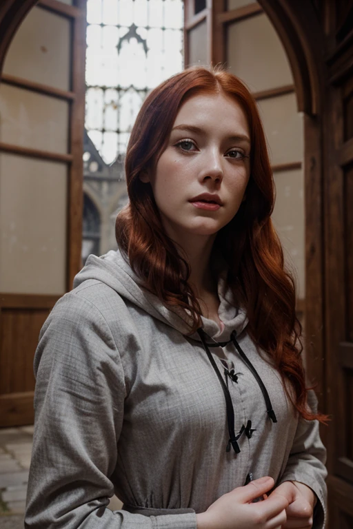 Red-haired woman, with a hood, gray eyes, pale skin, pink lips, small mouth, wavy hair, medieval era, pensive look, tear in one eye. Novel cover. Looking Up, crow, cry, vistiendo capucha