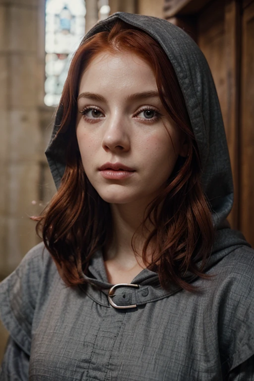 Red-haired woman, with a hood, gray eyes, pale skin, pink lips, small mouth, wavy hair, medieval era, pensive look, tear in one eye. Novel cover. Looking Up, crow, cry, vistiendo capucha