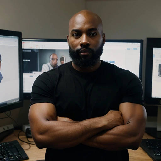A 32-year-old black man with a beard and mustache but with a bald head with his arms crossed and with a background image with several computers