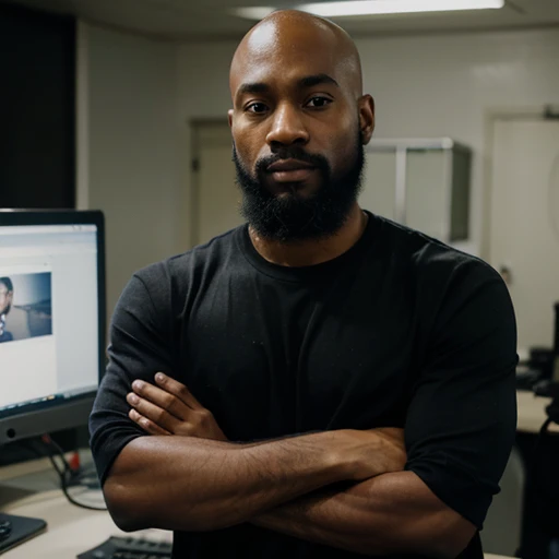 A 32-year-old black man with a beard and mustache but with a bald head with his arms crossed and with a background image with several computers
