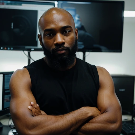 A 32-year-old black man with a beard and mustache but with a bald head with his arms crossed and with a background image with several computers