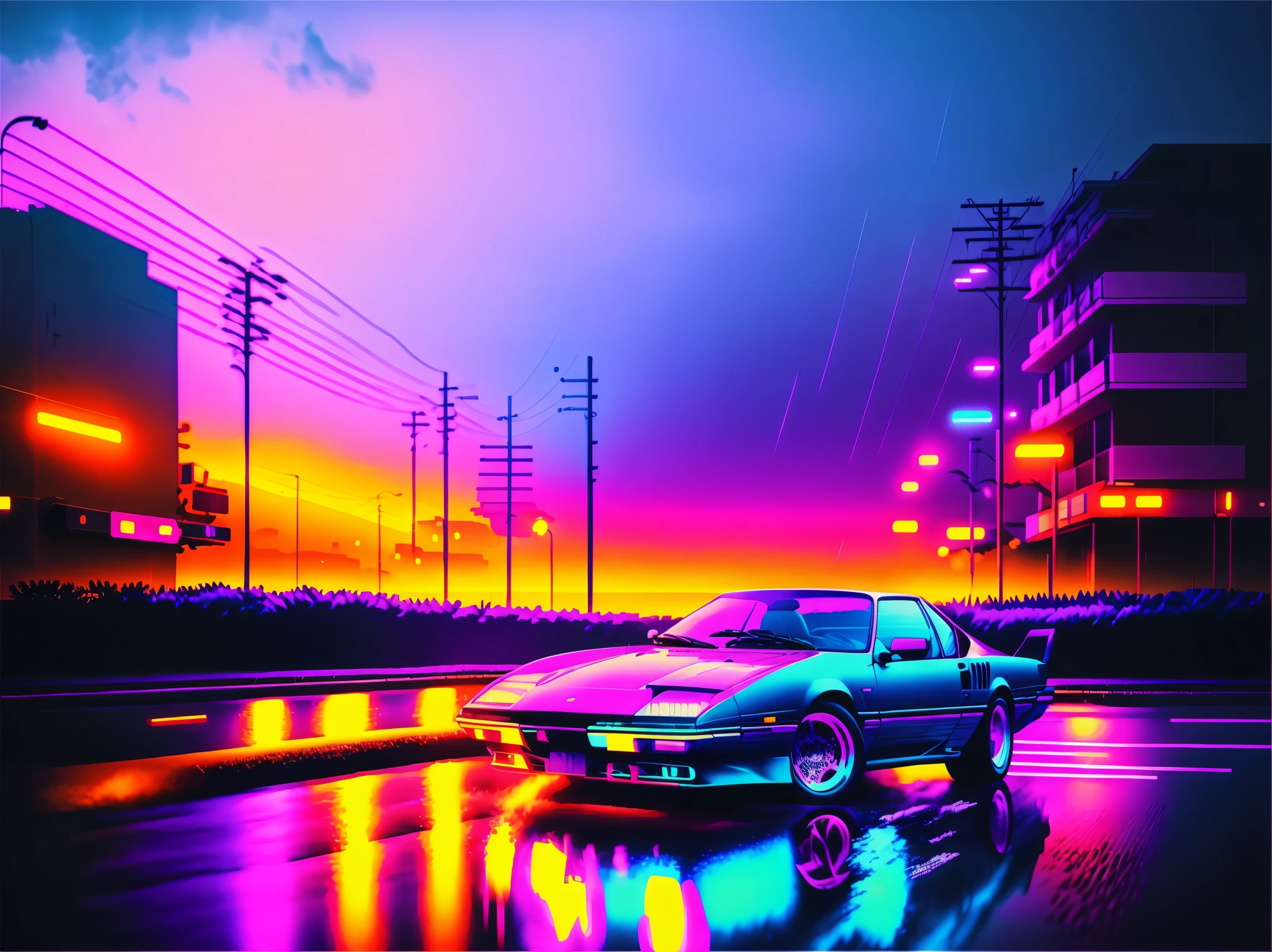 (8K, RAW photo, highest quality, masterpiece:1.2), High-definition RAW color photo, Professional photography, vaporwave art、City、sports car、neon、retro future、glitch effect、Highway、Bright colors、80&#39;s inspiration、dark atmosphere、Synthwave influence、Cityの風景、Reflection of a rain-soaked street、night setting、stylized fantasy、city lights、Smoke and fog、technology advancement、Highwayを走る、analog nostalgia、blurry headlights、vaporwave art
