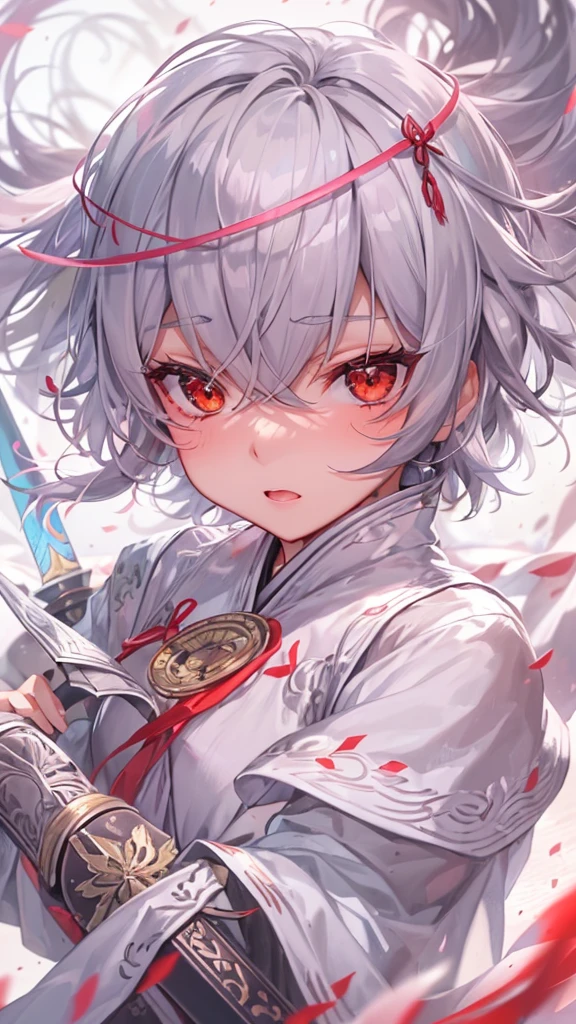 masterpiece, best quality, 8K, (fantasizing expression:1.3), (((flat chest))) (a silver short hair cute girly boy divine swordsman, red eyes, blushing face), ((in a shrine maiden costume)), ((hand holding divine swords)) (gripping swords in hands):1.2, in the battlefield, ((running battle fighting stance)).