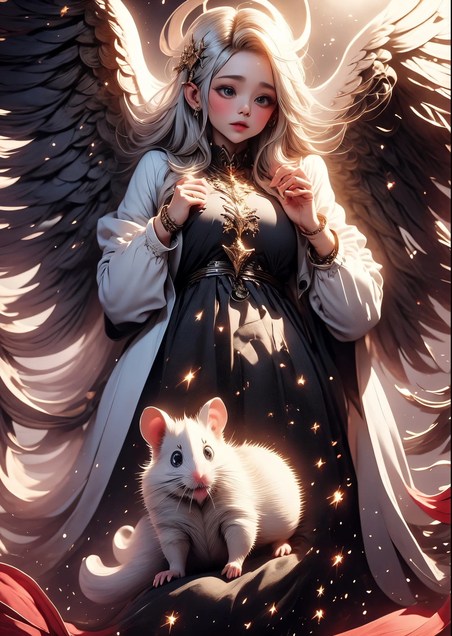 A scene of Genesis, where a cute hamster passes away and ascends to heaven, with its hands clasped together and a halo above its head. It has a pair of incredibly large angel wings, creating an epic masterpiece. The image is of the highest quality, evoking deep emotions in anyone who sees it.
