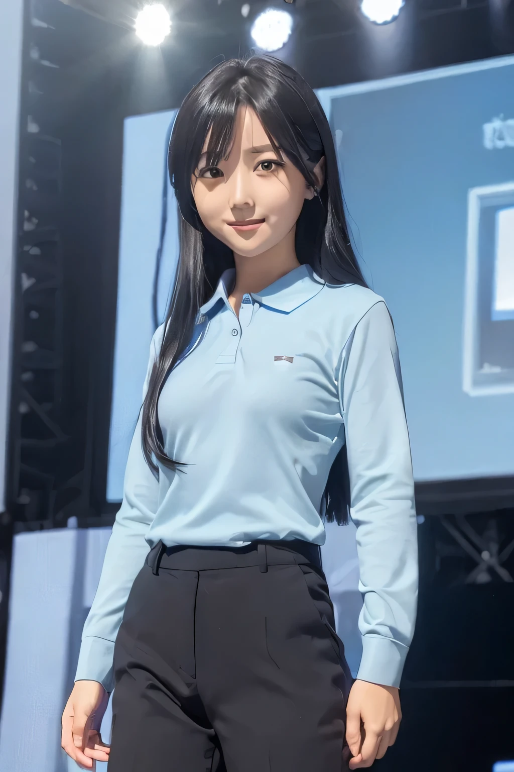 (((pixel perfect, Perfection with attention to detail))), Big eyes, alone, 1 girl, Chihaya Kisaragi, (black hair), stage, Idol, (light blue long sleeve polo shirt, Dark blue slacks), looking at the viewer, smile, break, (flat chest:1.5)