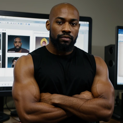 A 32-year-old muscular black man with a beard and mustache but with a bald head with his arms crossed and with a background image with several computers