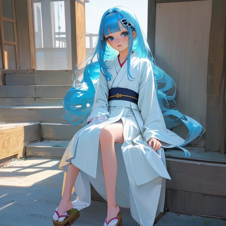 {{{{amazing quality, great quality, high quality, very aesthetic, aesthetic, best quality}}}},
realistic, photo, shadow, Three-dimensional, absurdres, Digital art,
{{{{Magical girl}}}}, beautiful girl, one girl,
light blue hair, long hair, straight hair, trimmed hair, shiny hair, blunt bangs, short sideburns,
blue eyes, big eyes, round eyes, tareme,
{{flat chest}}, {{small breasts}}, {{detailed body}}, slim thighs, thin thighs, ,
{{white mini kimono}}, {{yellow kimono obi}}, {{skull-shaped hair ornament}}, barefoot, Geta for women,
beautiful girl, one girl, cute, pretty, lovely, charming, teenage, kawaii, younger sister,