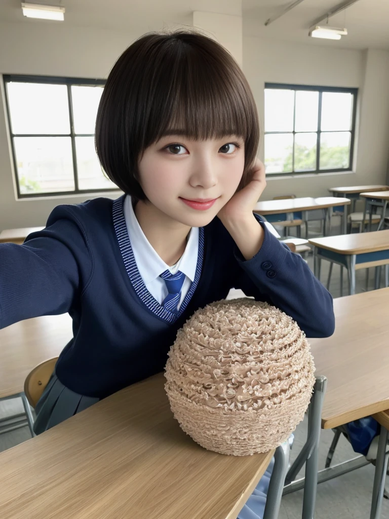 top-quality,masterpiece,Raw photography,8K,Top image quality,hight resolution, 18 years old Japanese female idol ,Beautuful Women,cute Japanese girls, Pretty Woman ,Beautiful face in every detail, ,small head, seductive smile ,Realistic human skin, pale skin ,cut model , Short hair ,bowl cut ,skinny body , school uniform , leaning forward ,school uniform, look at viewer, face focus , face closeup ,selfie , classroom