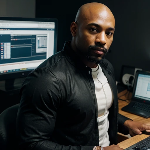 A 32-year-old muscular black man with a beard and mustache but with a bald head and with a background image with several computers