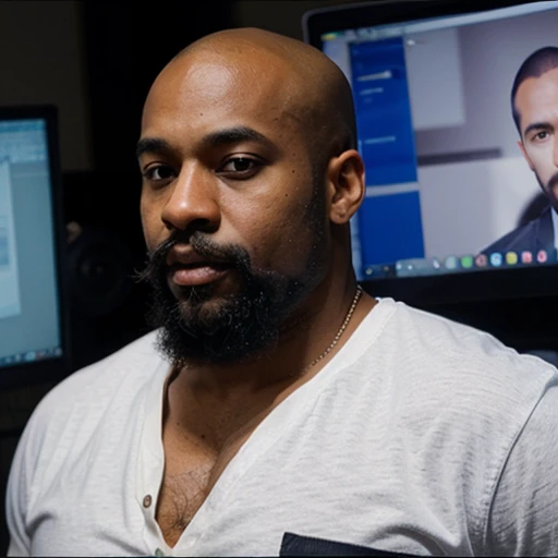 A 32-year-old muscular black man with a beard and mustache but with a bald head and with a background image with several computers