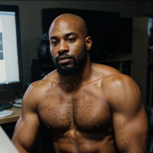 A 32-year-old muscular black man with a beard and mustache but with a bald head and with a background image with several computers