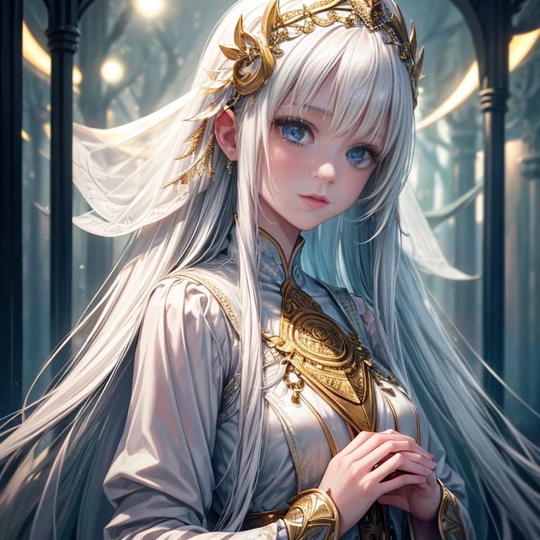 A girl with long white hair and fair white skin, adorned in a white dress accentuated with golden accents, stands amongst a forest of movie lights in this masterpiece of highest quality art. The darkness and low light enveloping the scene intensifies the cinematic tones, while her eyes, focused and captivating, gaze directly at the audience. The intricate details of her delicate and flawless face are brought to life in this incredibly detailed 8K CG wallpaper, expertly illuminated by art film lighting. The neutral filters add an ethereal quality to her features, making this image a must-have for any art connoisseur.