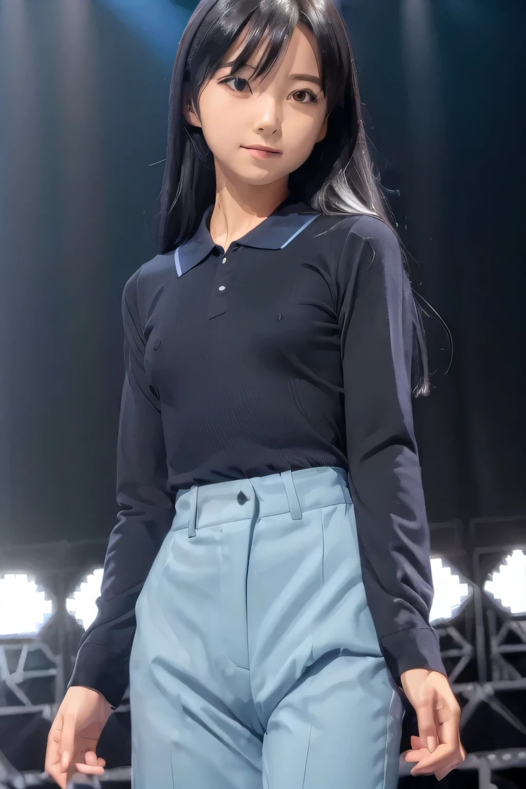 (flat chest:1.5), break (((pixel perfect, Perfection with attention to detail))), Big eyes, alone, 1 girl, Chihaya Kisaragi, (black hair), stage, Idol, (light blue long sleeve polo shirt, Dark blue slacks), looking at the viewer, smile, (flat chest:1.5)