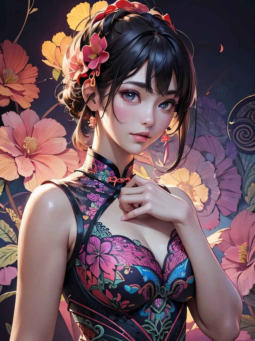 ((masterpiece、highest quality、genuine、Super detailed、High resolution、photogenuineistic、sharp focus、genuineistic photo、Live shooting、cinematic lighting))、Portrait of an amazingly beautiful woman、3/5 shots、official art、beautiful aesthetic sense、緻密で対称的なgenuineな顔、High resolutionの自然な質感、intricate details、multicolor、Highly colored、超genuineなテクスチャー、dramatic lighting、look at the audience、((Abstract fractal art background、zentangle、colorful、Floral))、(dynamic pose)、flower cheongsam dress、detailed hand drawing、shiny skin