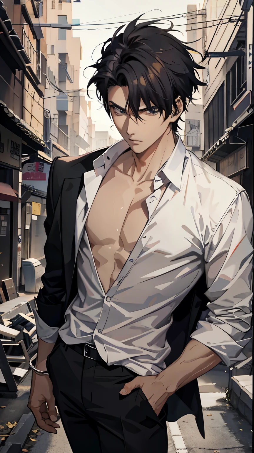 (absurdres, highres, ultra detailed, HDR), masterpiece, best quality, hayakawa aki, 1boy, solo, handsome, topknot, thin and slender, open shirt, pants, ((intricate katana)), city,