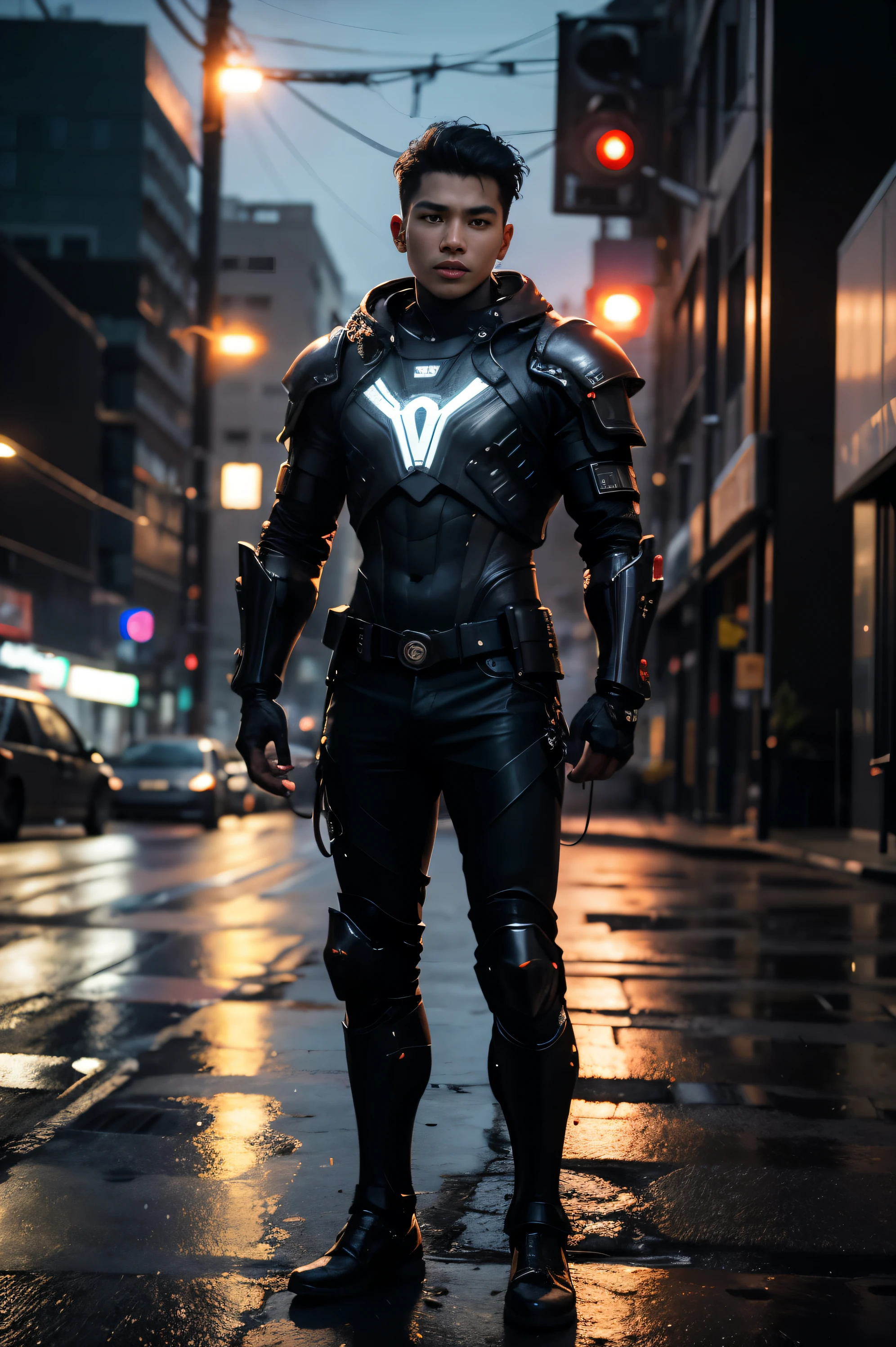 super realistic, high resolution, a young man from Indonesia, 33 years old, short and neat hair, wearing cyberpunk style armor, there is a red light on his chest, is standing in the middle of the road at night when it rains. super realistic