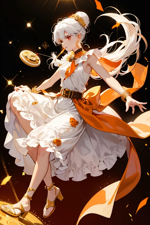 Finger Food Cookie is a slender Cookie with a medium-dark SKIN color and red eyes with golden eyeliner. Finger Food Cookie has white hair with orange streaks in it tied into a bun with a toothpick, cherry, and decorative rose. The Cookie wears an orange and red collar around their neck with a white veil over the Cookie's back being held in both arms. Finger Food Cookie wears a simple white dress with a golden underside with golden bracelets and shoes, and has a golden hoop around the Cookie's hip resembling a belt. Finger Food Cookie carries a golden tambourine that the Cookie uses to dance and entrance other Cookies into dancing. GLITTER, JELLY