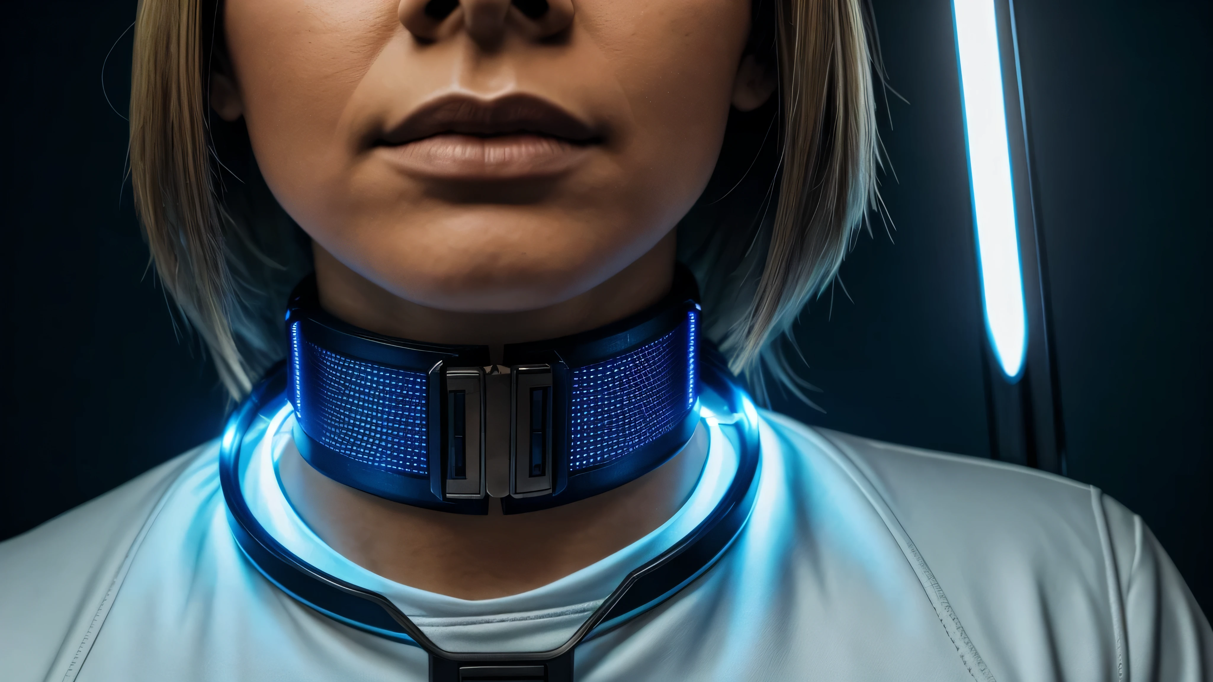 image of woman prisoner wearing a metal sci-fi collar with lights on it around her upper neck